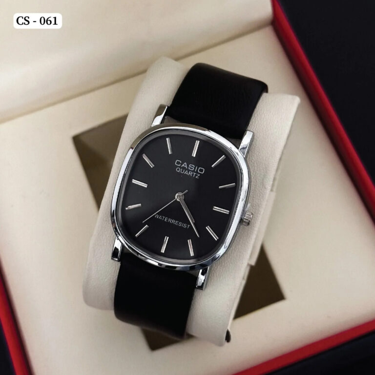 ساعت مچی مردانه کاسیو صفحه مشکی قاب سیلور Casio بند چرمی