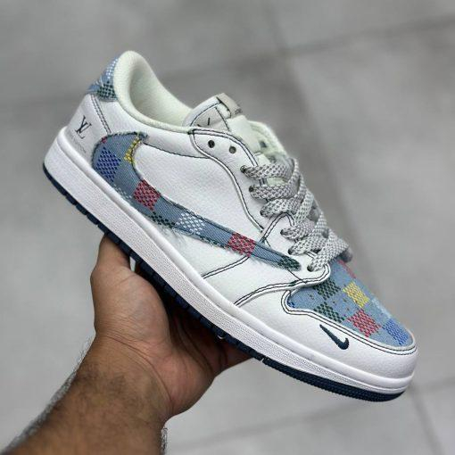 کفش کتونی مردانه نایک ایر جردن 1 Jordan 1 Low Louis Vuitton White Denim Check