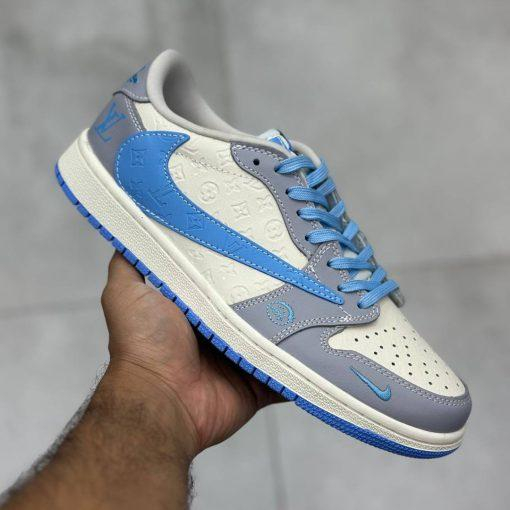 کفش کتونی مردانه نایک ایر جردن 1 Nike Air Jordan 1 Low Louis Vuitton Cream Sky Blue Grey