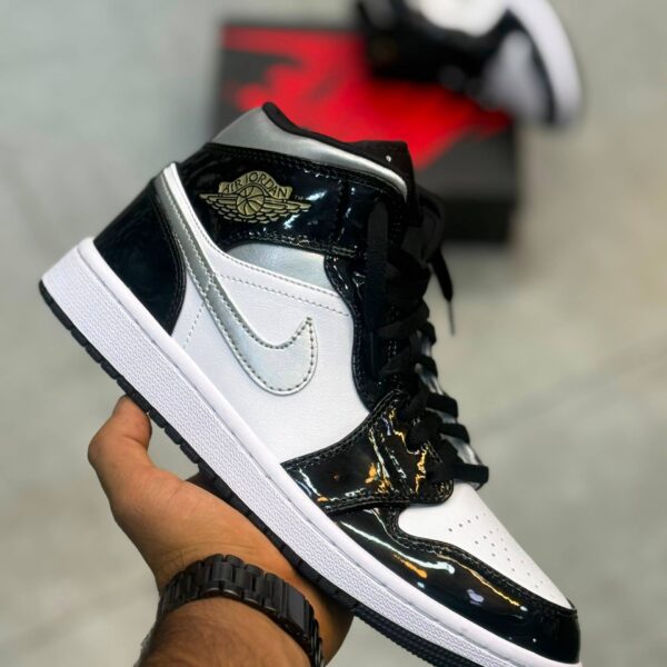 کفش کتونی مردانه نایک جردن 1 Nike Jordan 1 Mid Patent Black White Metallic Silver Metallic Gold