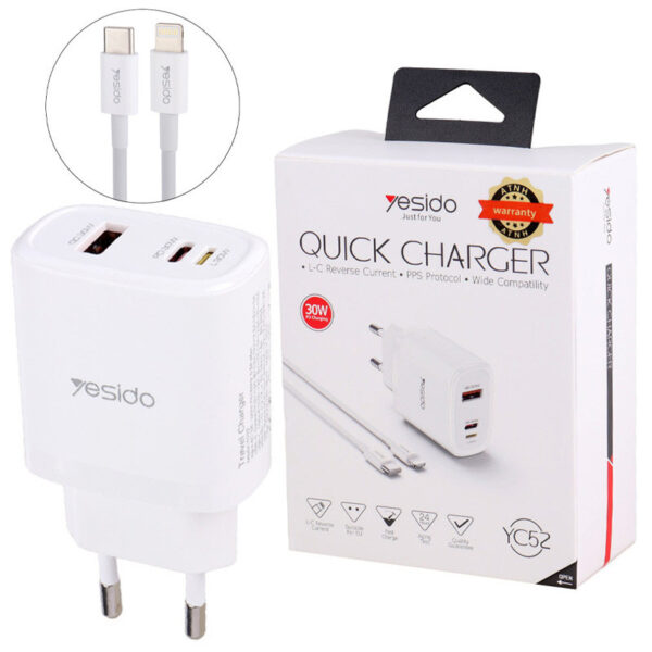 شارژر دیواری 30 وات یسیدو YC52 QC3.0 PD 3A + کابل تبدیل آیفونی