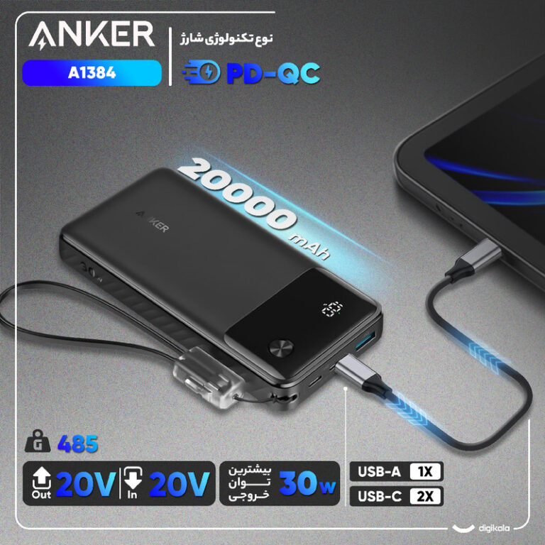 پاوربانک 30 وات انکر مدل A1384 ظرفیت 20000 میلی آمپر ساعت به همراه کابل USB-C (های کپی)