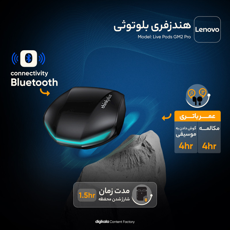 هدفون بلوتوثی لنوو مدل Live Pods GM2 Pro بدون قابلیت نویز کنسلینگ، درگاه شارژ USB Type-C، دارای دستیار صوتی، مقاوم در برابر رطوبت و عرق (MK) - Image 13