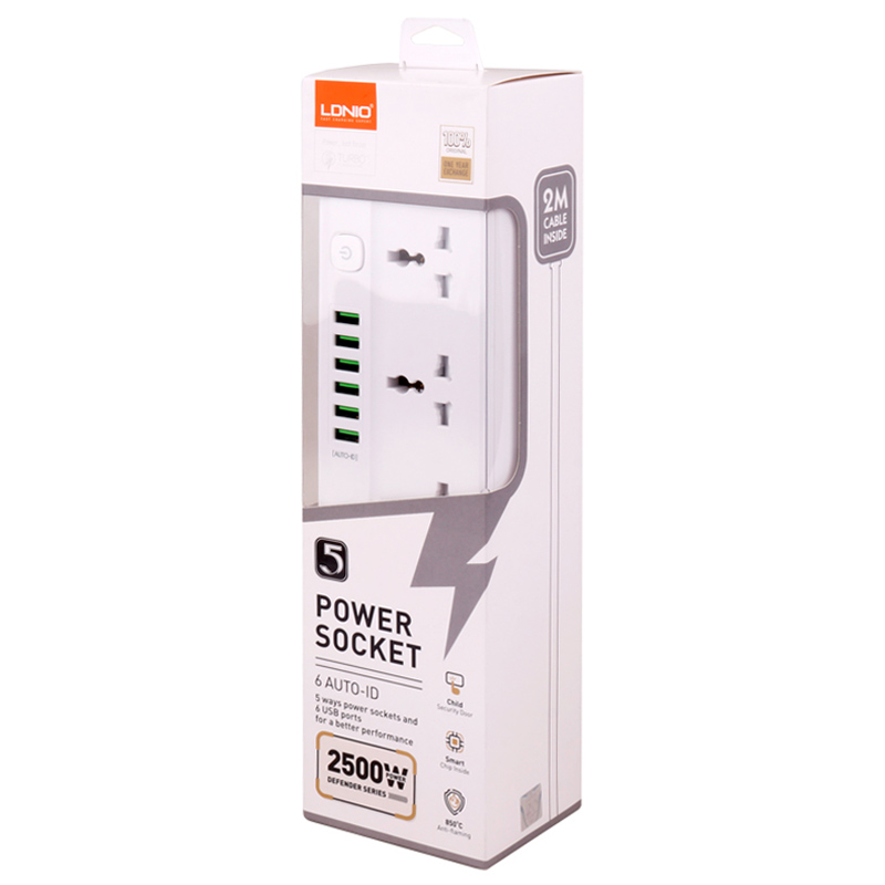 چند راهی 5 خانه ارت دار الدینیو SC5614 با کابل 2 متری شارژر USB - تصویر 2