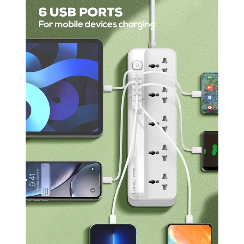 چند راهی 5 خانه ارت دار الدینیو SC5614 با کابل 2 متری شارژر USB - تصویر 7