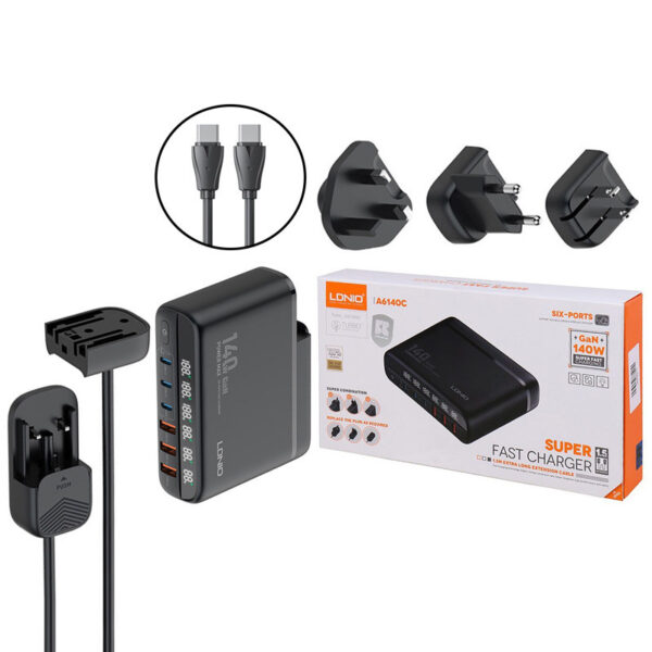 شارژر دیواری 140 وات الدینیو A6140C GaN QC5.0 PD 5A + کابل تبدیل تایپ سی و تبدیل برق