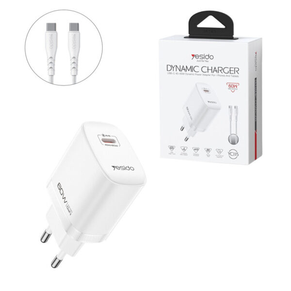شارژر دیواری 60 وات یسیدو YC115 GaN PD3.2 3A + کابل تبدیل تایپ سی