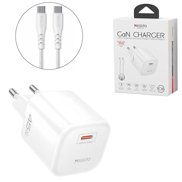 شارژر دیواری 45 وات یسیدو YC116 GaN PD 3A + کابل تبدیل تایپ سی
