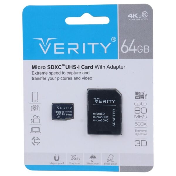 رم میکرو 64 گیگ وریتی Verity A1 U3 C10 80MB/s   خشاب
