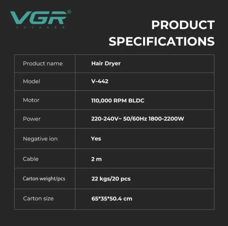 سشوار وی جی آر VGR مدل V-442 موتور براشلس